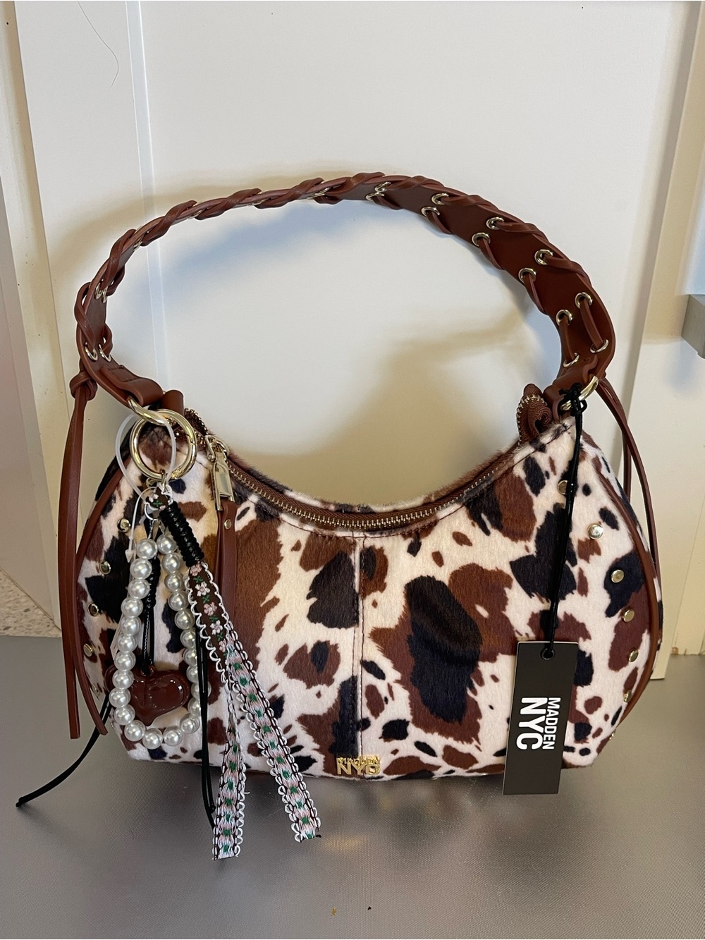 Madden NYC Animal Print Crescent Should Bag Zip Braided Strap Brown/White